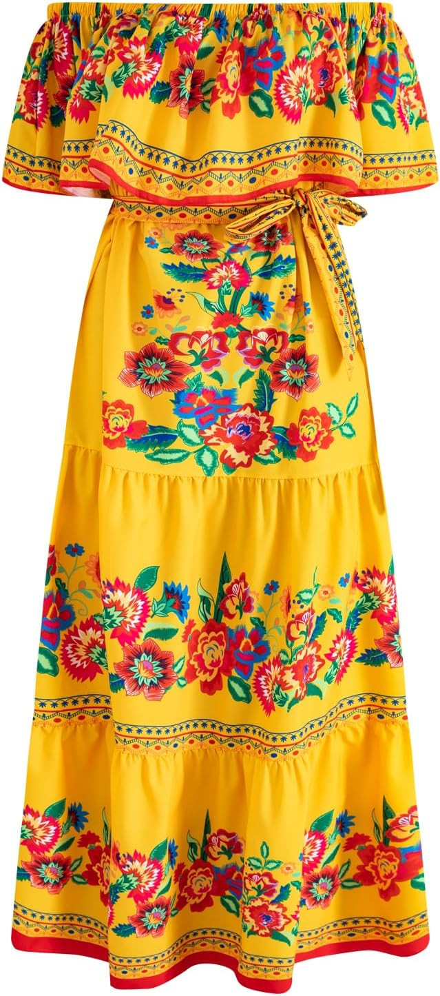 Women Mexican Dress Off Shoulder Floral Long Maxi Dress Cinco de Mayo Dresses with Belt | Amazon (US)