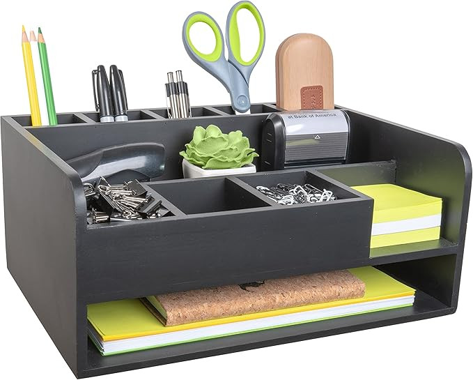 MissionMax Black Pine Wood Desk Organizer with File Organizer for Office Supplies Storage & Desk ... | Amazon (US)