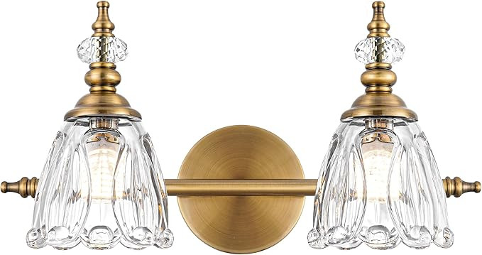 Brass Vanity Light, Farmhouse Brushed Gold Bathroom Light Fixtures, 2 Light Bathroom Vanity Light... | Amazon (US)