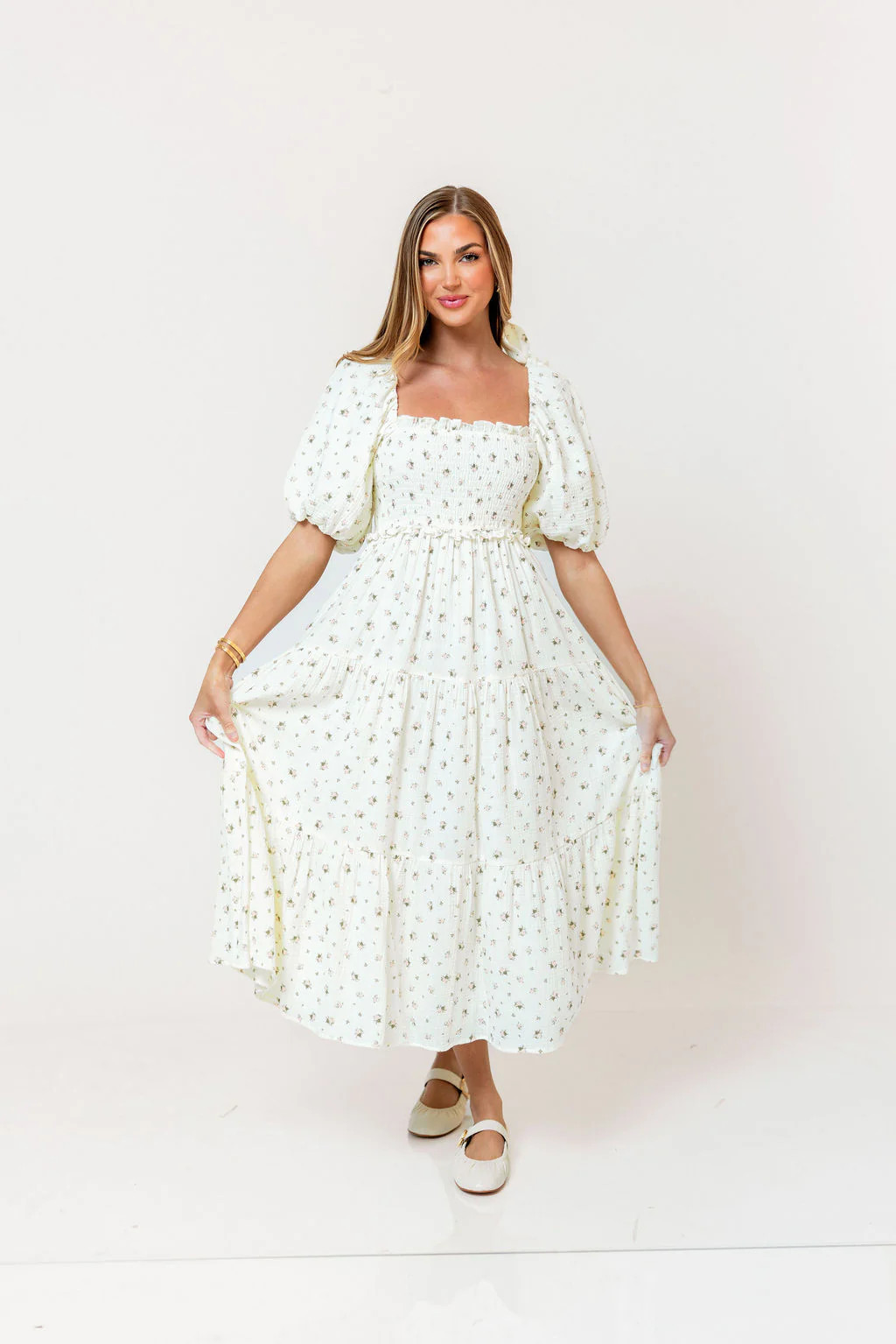 Elena 100% Cotton Midi Dress in Off-White/Pink Floral -Bump Friendly | Worth Collective