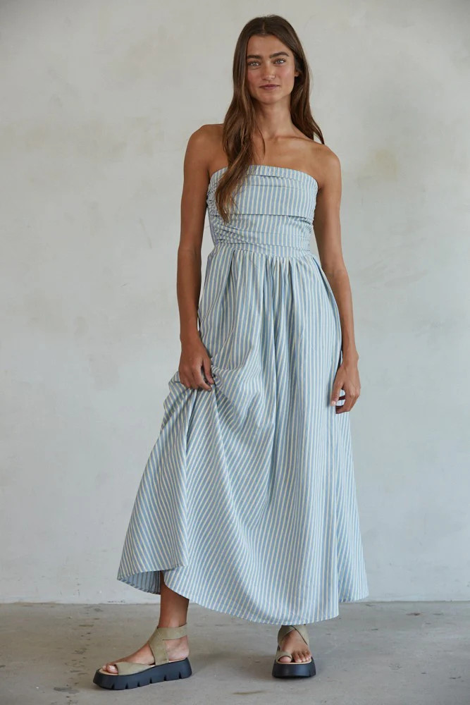 Light Blue Striped Strapless Maxi Dress | PinkBlush Maternity