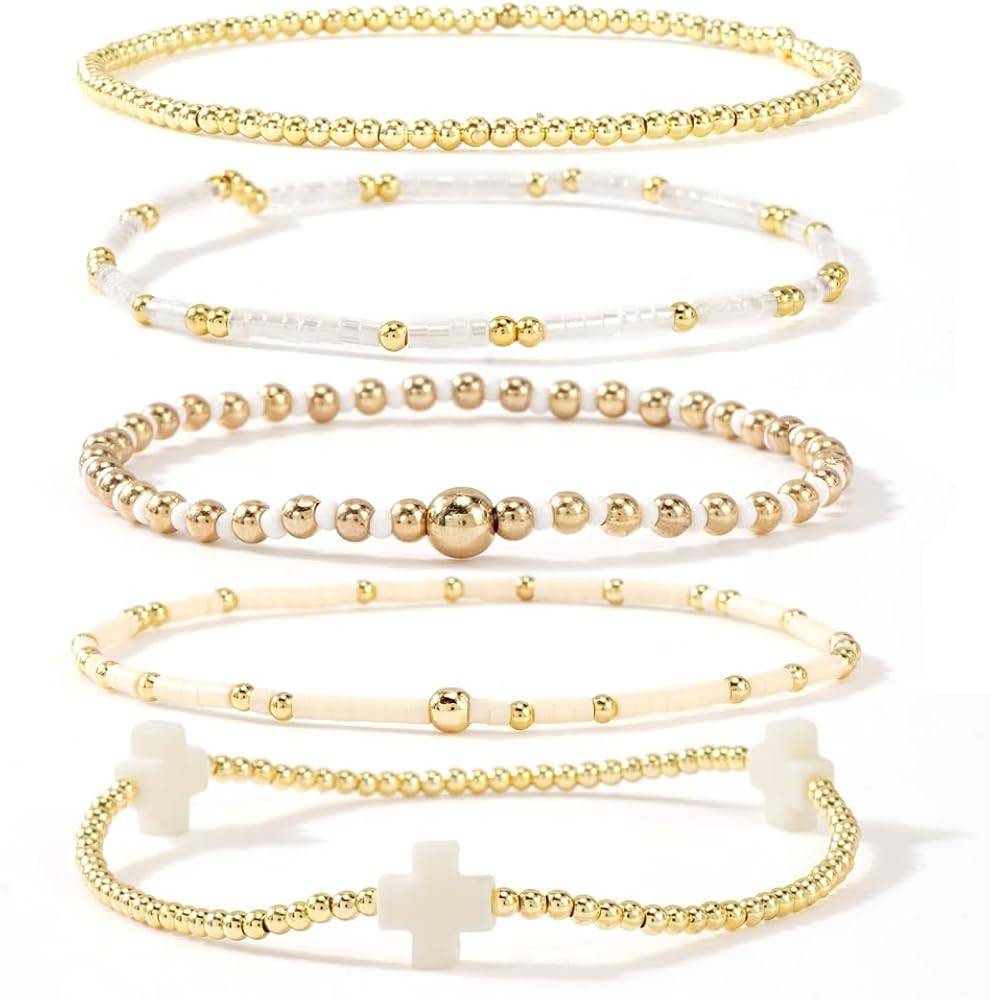 Gold Beaded Bracelets Stack for Women Stackable 14K Gold Plated Beads Ball Cross Bracelet Boho Ch... | Amazon (US)