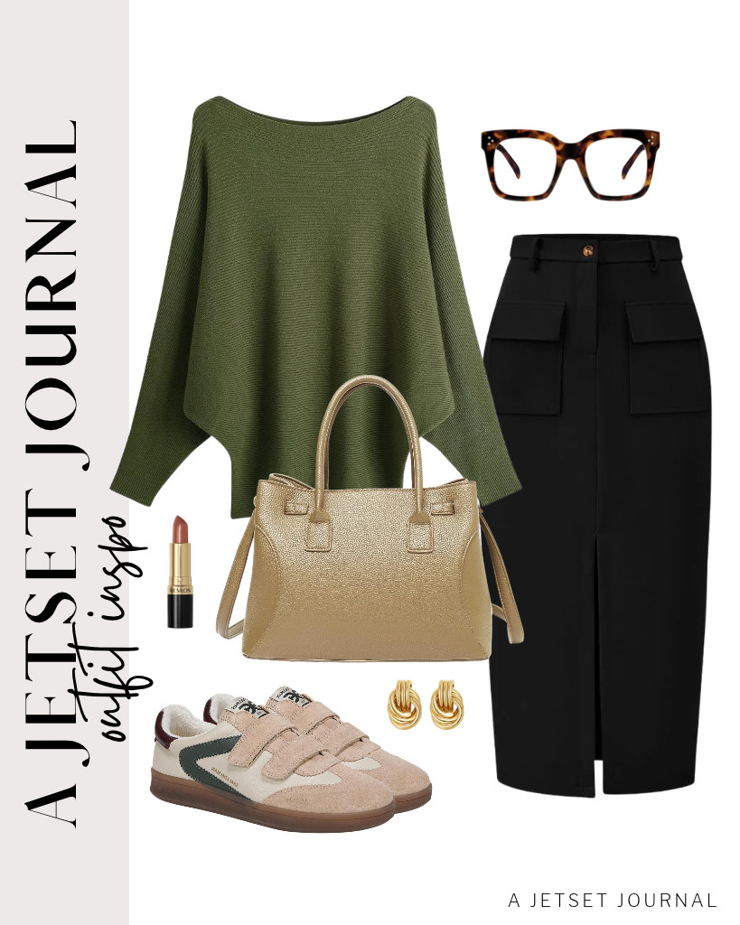 This army green GABERLY boat-neck, batwing-sleeve sweater and black KIRUNDO high-waist midi pencil skirt are a perfect combo. For this fit, you can step into these Talia sneakers from Sam Edelman and then pair them with this top-handle satchel bag. 

 #LTKSeasonal #LTKSaleAlert #LTKTravel