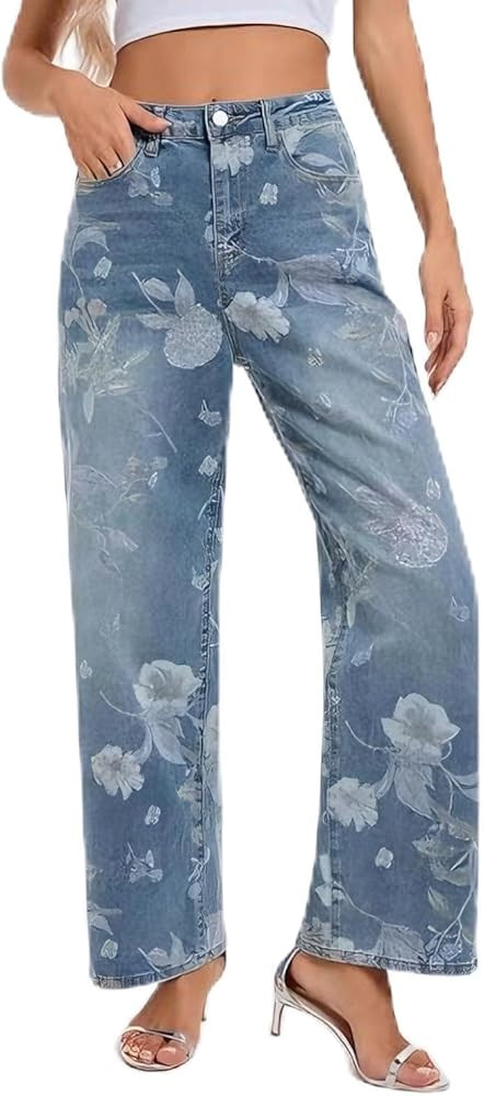 Women's Floral Print High Waisted Jeans - Stretch Denim Straight Leg Pants, Casual Summer Trouser... | Amazon (US)