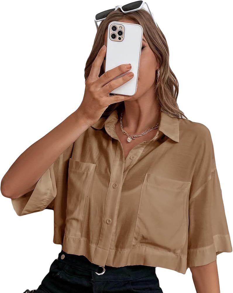 Women's Pocket Half Sleeve Button Front Summer Oversized Crop Blouse Tops | Amazon (US)