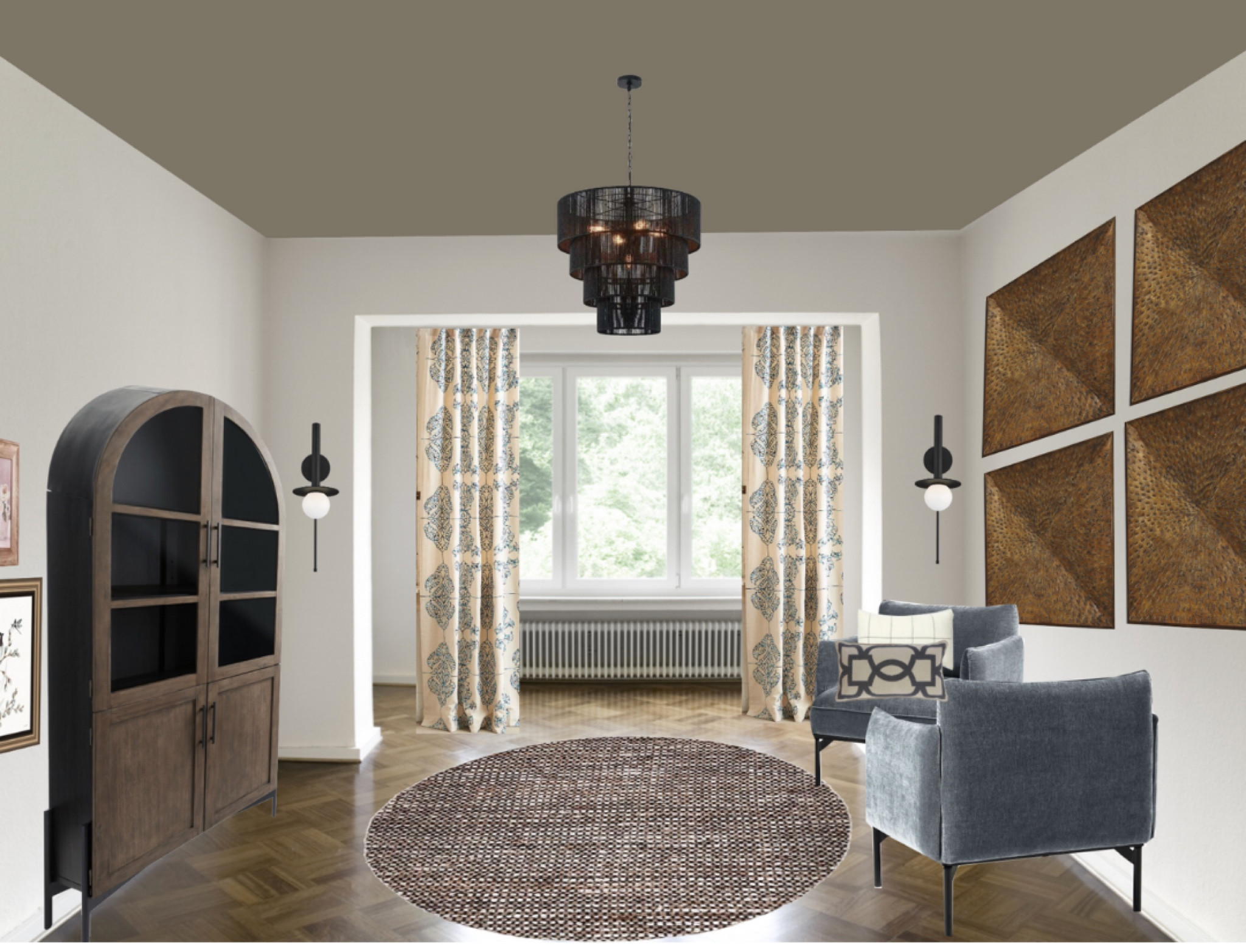Foyer/entry design with round rug, modern velvet armchairs, black rattan light chandelier, double door bookcase, and wall sconces! 

#homedecor #arearug #velvetchairs #curtains #worldmarket #westelm 

#LTKFindsUnder100 #LTKFamily #LTKHome