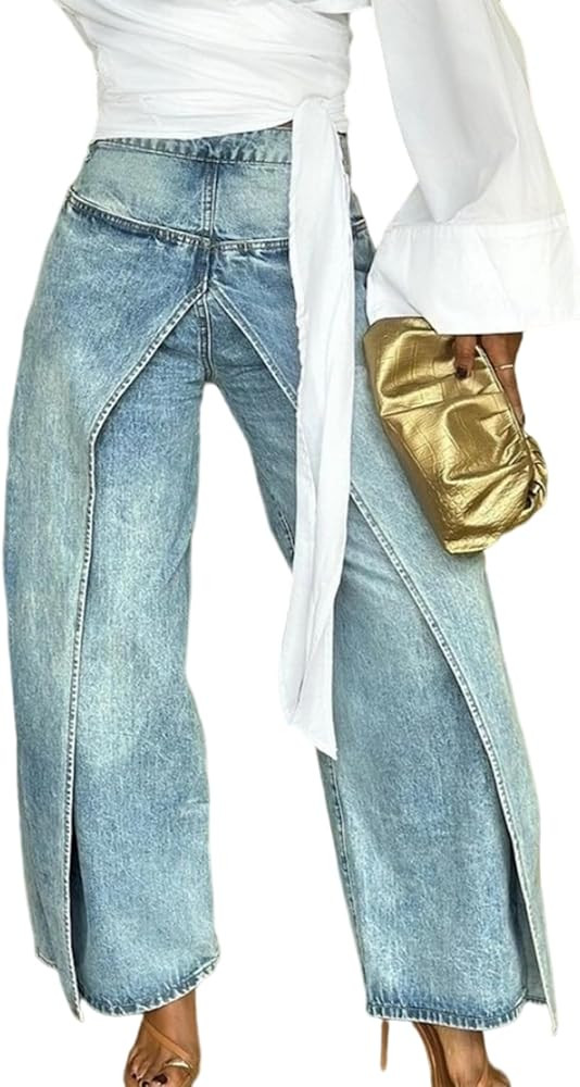 DINGANG Women's Asymmetrical Wide Leg Jeans High Waisted Denim Pants | Amazon (US)