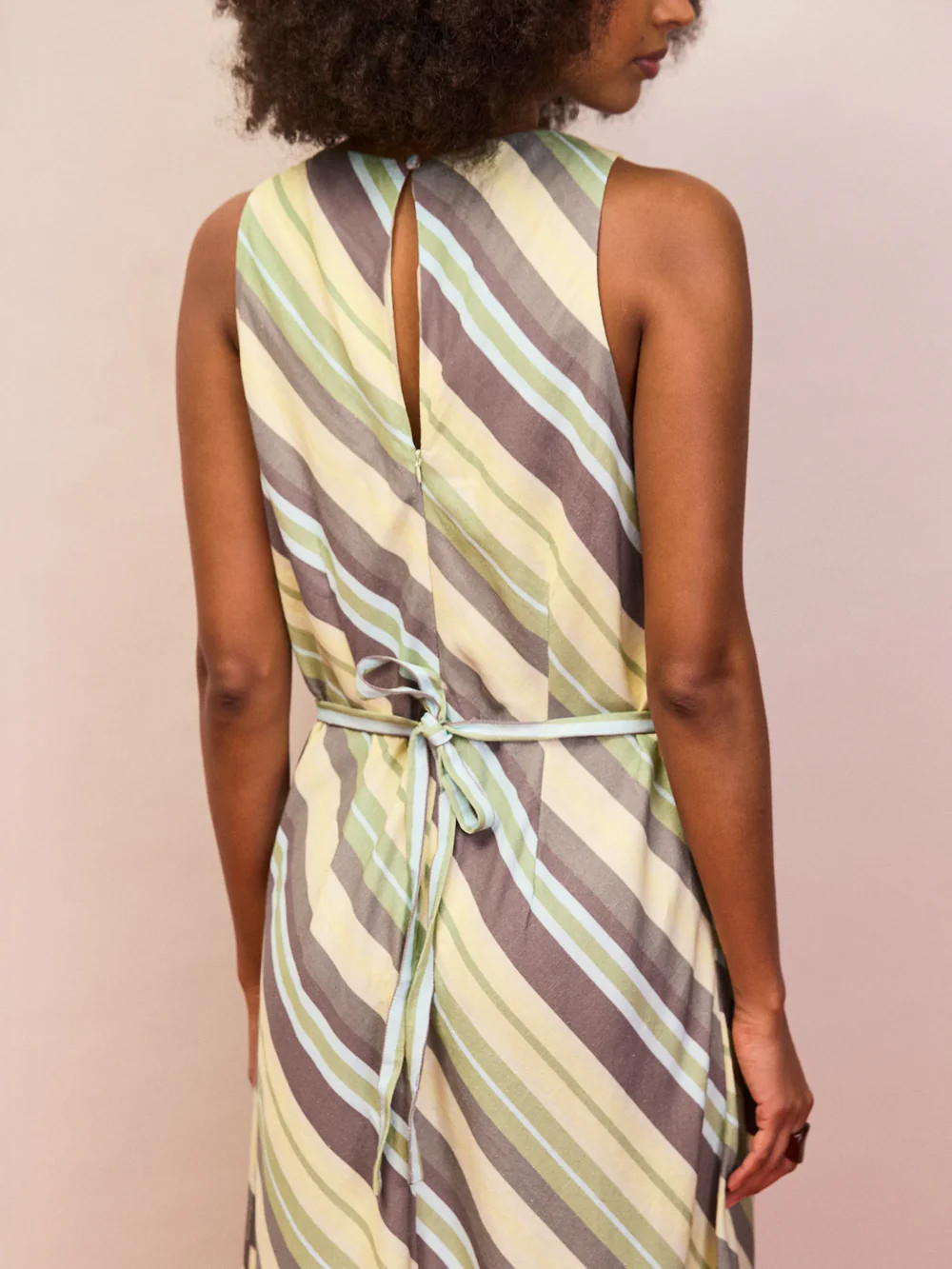Green Stripe Racer-Neck Tie Back Dress With Linen | Ro&Zo
