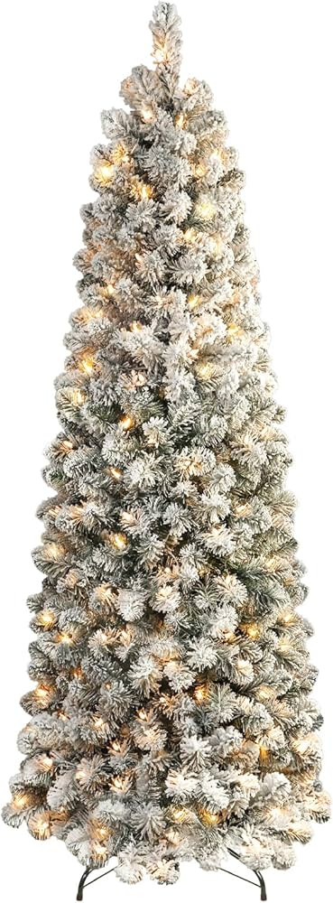 SHareconn 7.5ft Prelit Snow Flocked Artificial Hinged Slim Pencil Christmas Tree with Warm White ... | Amazon (US)