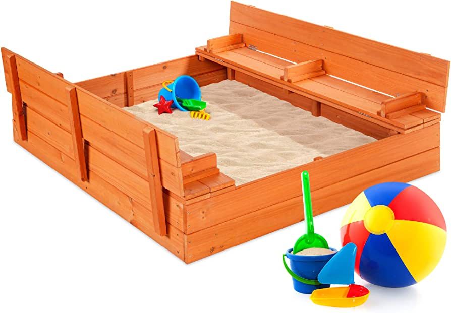 Best Choice Products 47x47in Kids Large Wooden Sandbox for Backyard, Outdoor Play w/Cedar Wood, 2... | Amazon (US)