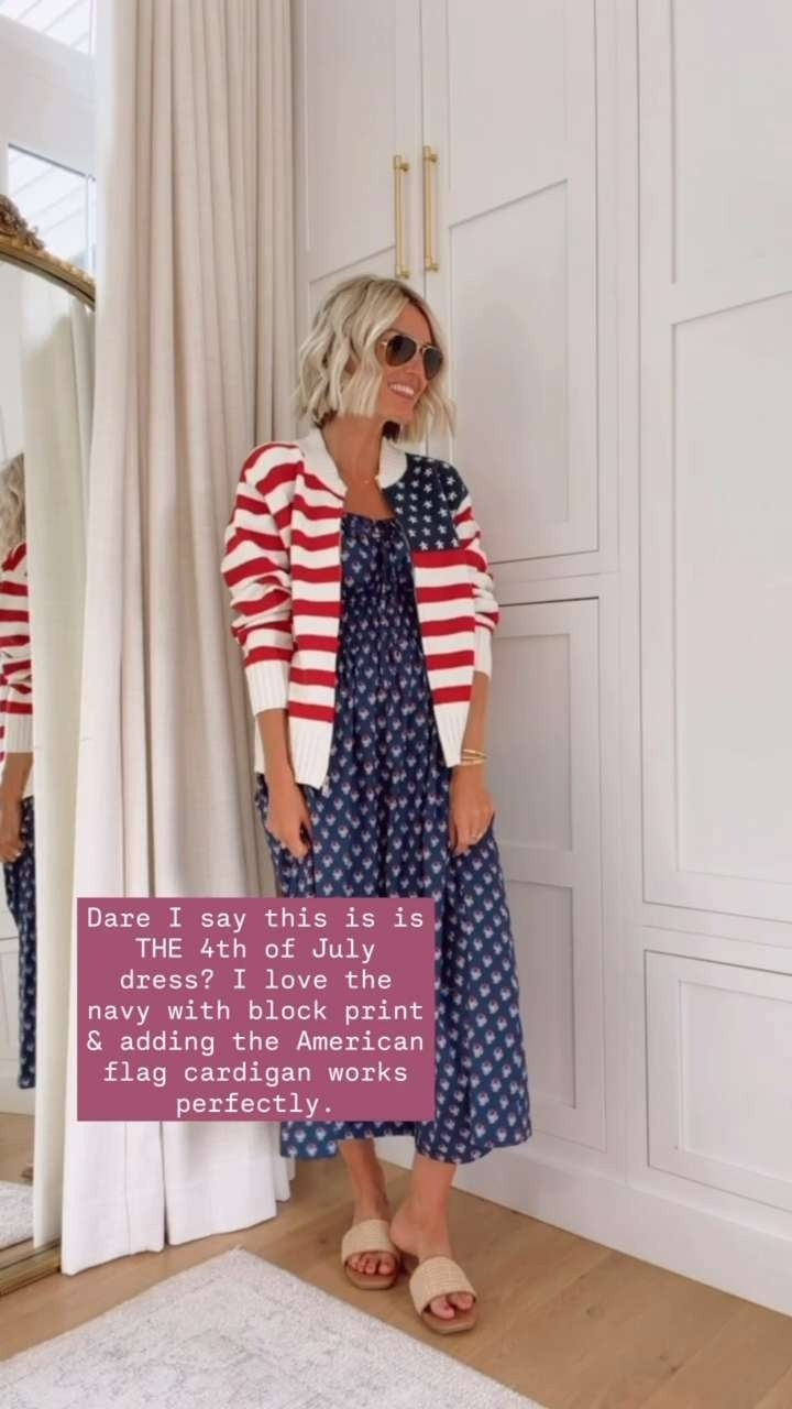The perfect outfit for the 4th of July! Loving this navy printed dress - it's 40% off! Wearing S!

Loverly Grey, summer outfit, nantucket outfit, american flag sweater, americana sweater, midi dress, navy dress, target sale 

 #LTKSeasonal #LTKSaleAlert