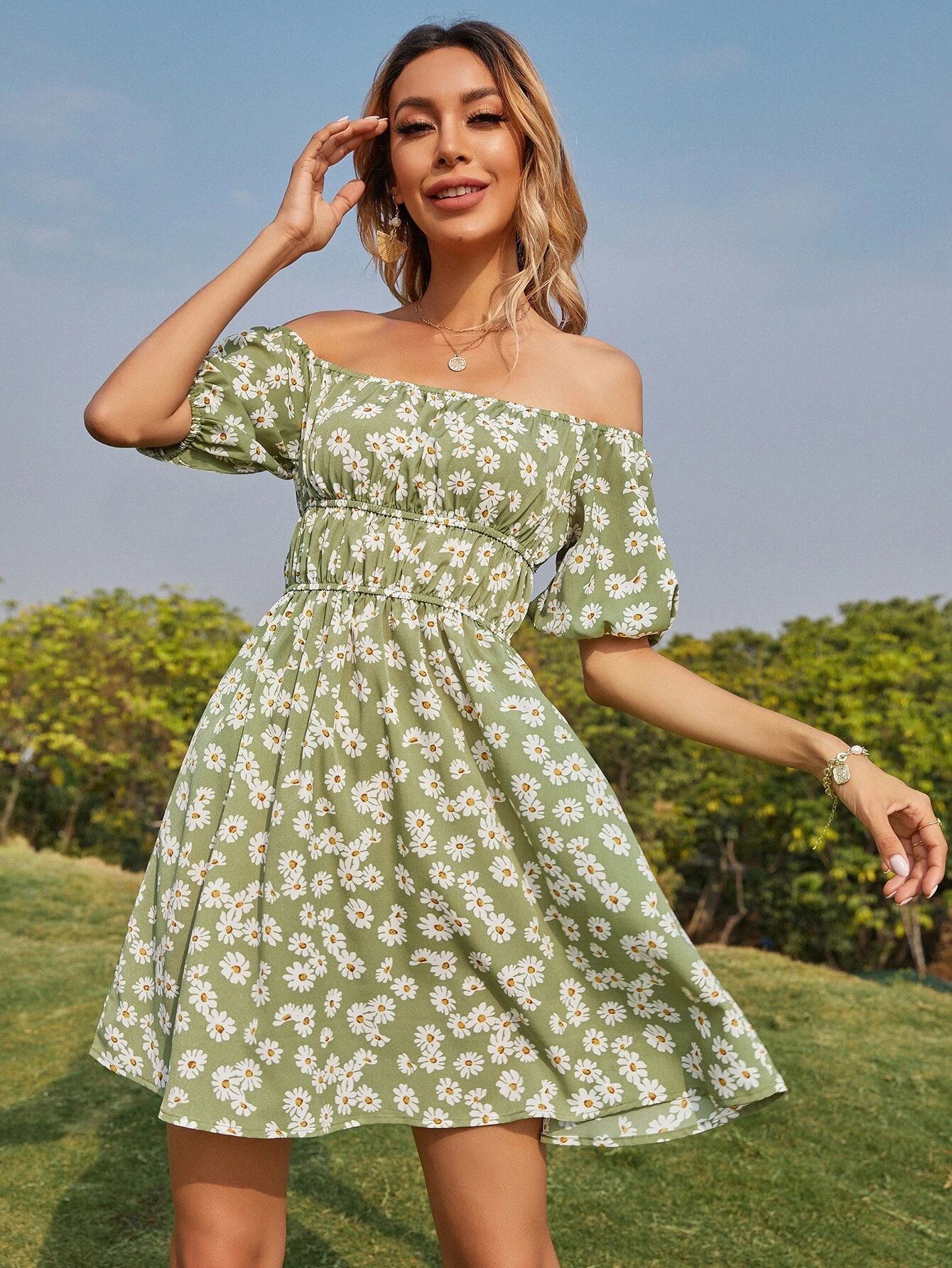 Floral Off the Shoulder Ruched Dress | SHEIN