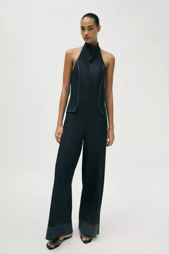 LINEN BLEND HALTER JUMPSUIT WITH CONTRAST TOPSTITCHING | Zara UK
