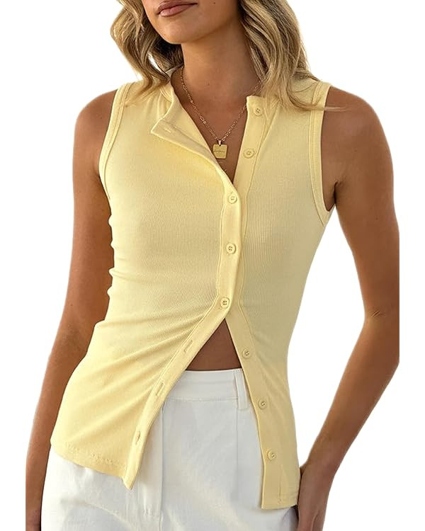 KMBANGI Women Button Down Vest Ribbed Summer Tank Tops Button Up Open Front Rib Shirt Sleeveless ... | Amazon (US)