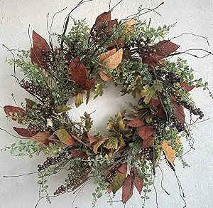 24 Inch Fall Front Door Wreath Burgundy Berry Wreath with Mixed Magnolia Maple Leaves Large Decor... | Amazon (US)