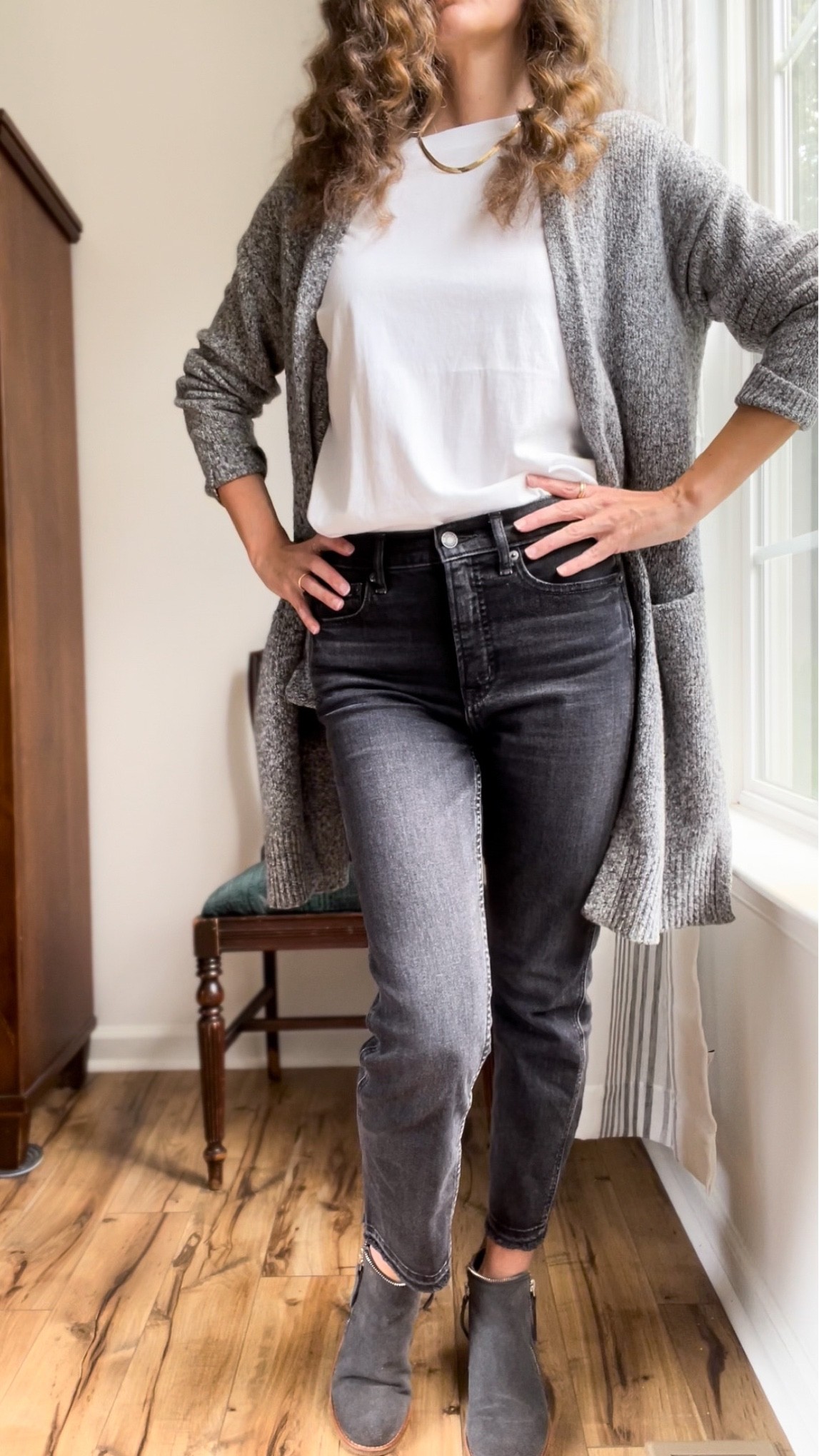 Marled gray cardigan sweater paired with a white tee shirt and faded black denim jeans. Accessorized with a gold herringbone necklace. 

Cozy sweater
Casual look 
Casual outfit 
Jeans 
Fall outfit 
Fall transition outfit 
Capsule closet 
Womens sweaters 
Everyday outfit 
Long cardigan 
Marled gray cardigan 
Ankle boots
Booties 
Gray boots 

#LTKstyletip #LTKsalealert