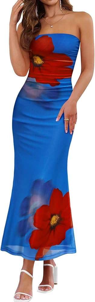 ZESICA Womens Boho Floral Strapless Maxi Dress 2025 Summer Off Shoulder Bodycon Beach Party Long ... | Amazon (US)