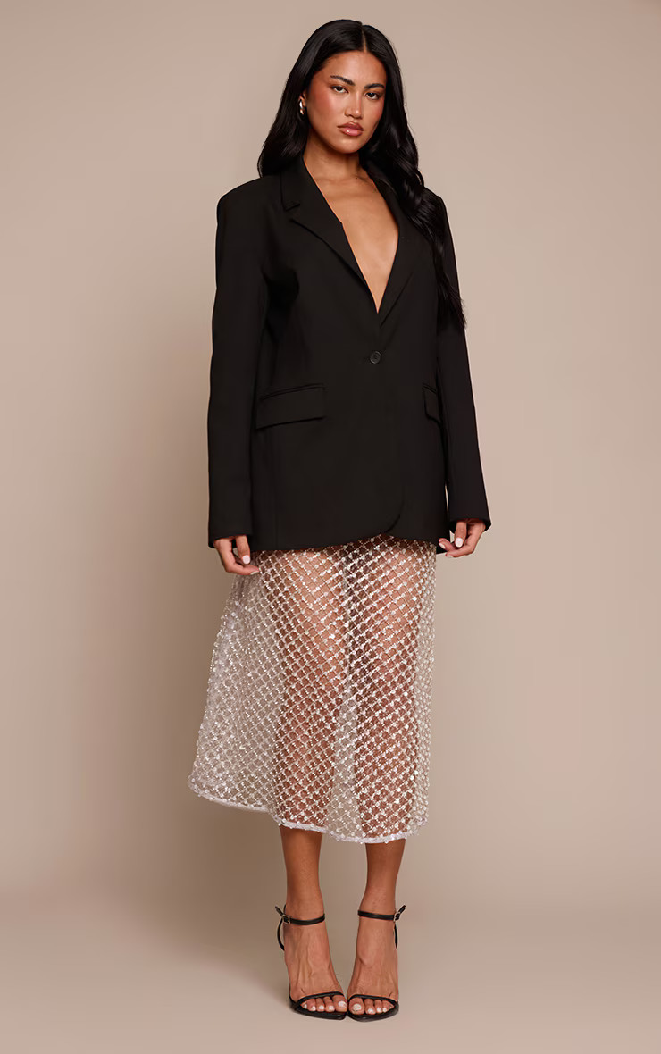 Ice Grey Embellished Midi Skirt | Bottoms | PrettyLittleThing US