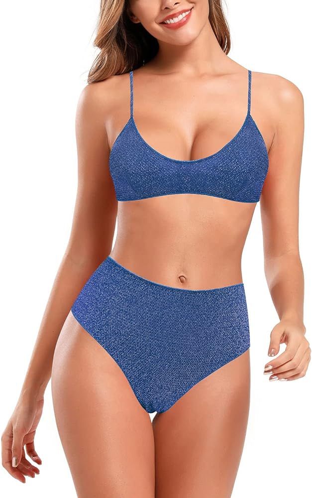 SHEKINI Women's Shiny Bikini Set Scoop Neck Bathing Suit Two Piece Swimsuits | Amazon (US)