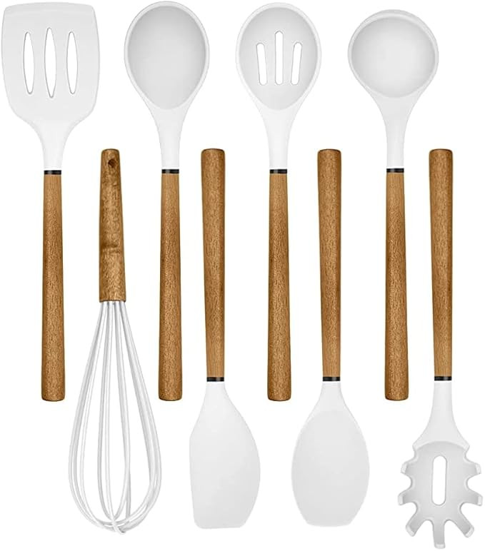 Country Kitchen Non Stick Silicone Utensil Set with Rounded Wood Handles for Cooking and Baking, ... | Amazon (US)