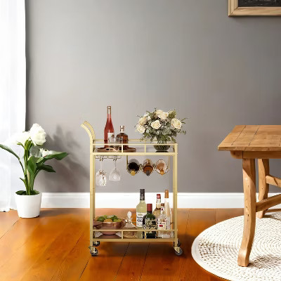 LEDREM Bar Cart Gold, Home Bar Serving Cart, Wine Cart With 2 Mirrored Shelves, Wine Holders, Glass Holders, For Kitchen, Dining Room | Target