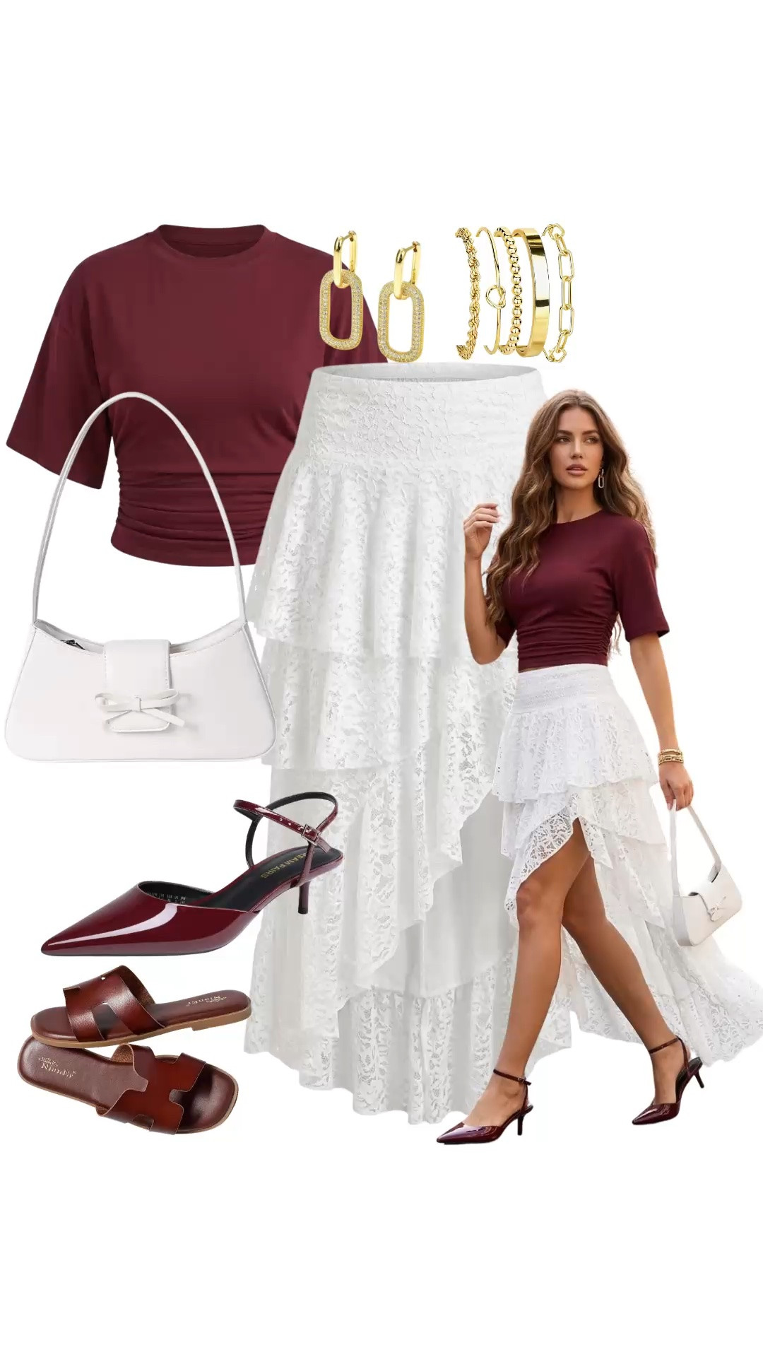 Summer Chic: Effortless Elegance in Burgundy & White
Get ready to elevate your summer style with this effortlessly chic outfit idea, perfect for warm-weather street style, casual brunch dates, or an elevated vacation look. This highly requested look features a trendy burgundy short-sleeve ruched crop top paired beautifully with an elegant white lace high-low tiered maxi skirt that delivers stunning movement. Transition seamlessly from a sophisticated evening look to a comfortable day style by swapping the classy burgundy pointed-toe patent leather kitten heel pumps for casual brown H-band slide sandals. Accessorized to perfection with a minimalist white shoulder bag with bow detail, chunky gold link earrings, and a matching gold stackable bracelet set, this ensemble is the ultimate inspiration for timeless feminine fashion. Shop the exact pieces to recreate this viral aesthetic on your feed!

#SummerStyle #VacationOutfits #BrunchStyle #OOTD #StreetStyle #SummerFashion #CapsuleWardrobe #FeminineAesthetic #BurgundyAndWhite #LaceSkirt #EffortlessChic #DateNightOutfit

#LTKsummer #LTKtravel #LTKstyletip