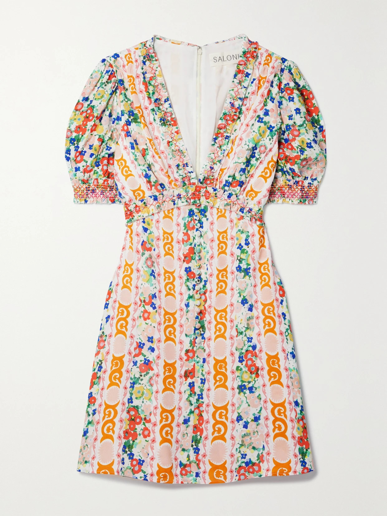 Saloni - Lea Smocked Floral-print Ecovero-blend Crepe Mini Dress - Orange | NET-A-PORTER (US)