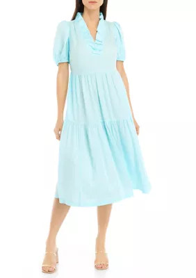 Women's Puff Sleeve Ruffled V-Neck Midi Dress | Belk