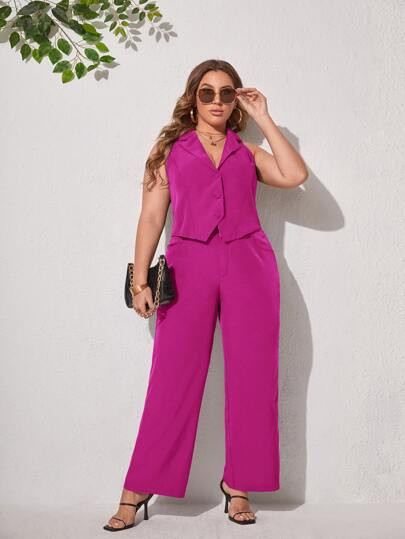 SHEIN Privé Plus Vest Blazer & Wide Leg Pants Suit Set | SHEIN