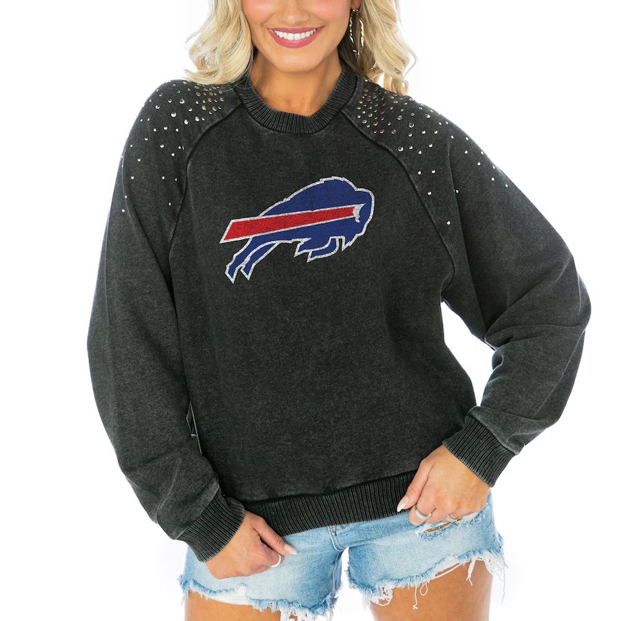 Women's Buffalo Bills  Gameday Couture Charcoal French Terry Studded Shoulder Pullover Sweatshirt | NFL Shop