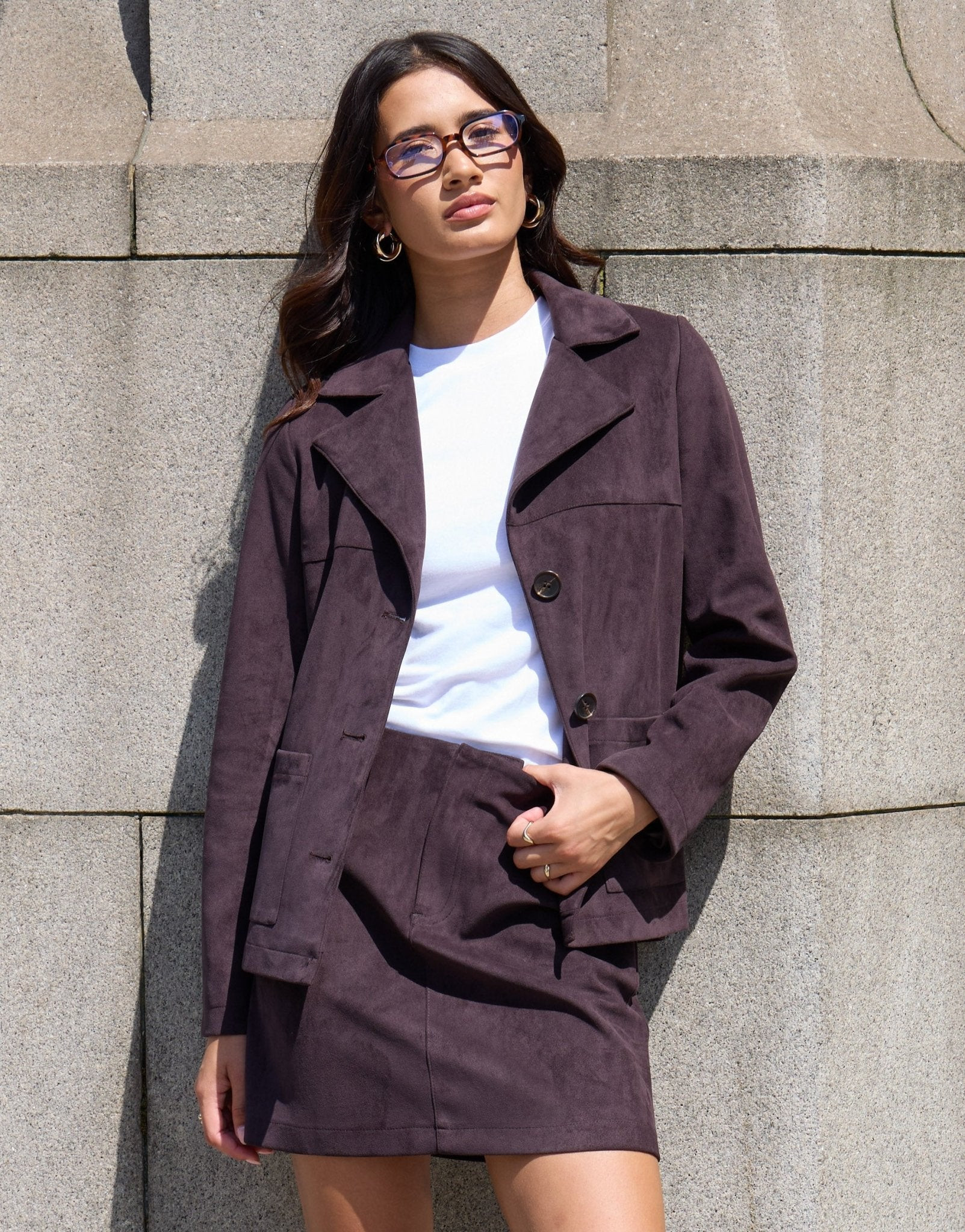 Faux Suede Mini Skirt in Chocolate Brown | Threadbare
