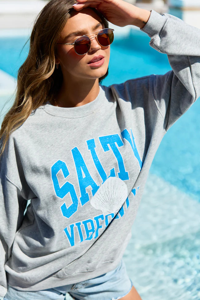 Salty Vibes Only Light Grey Graphic Sweatshirt | Pink Lily