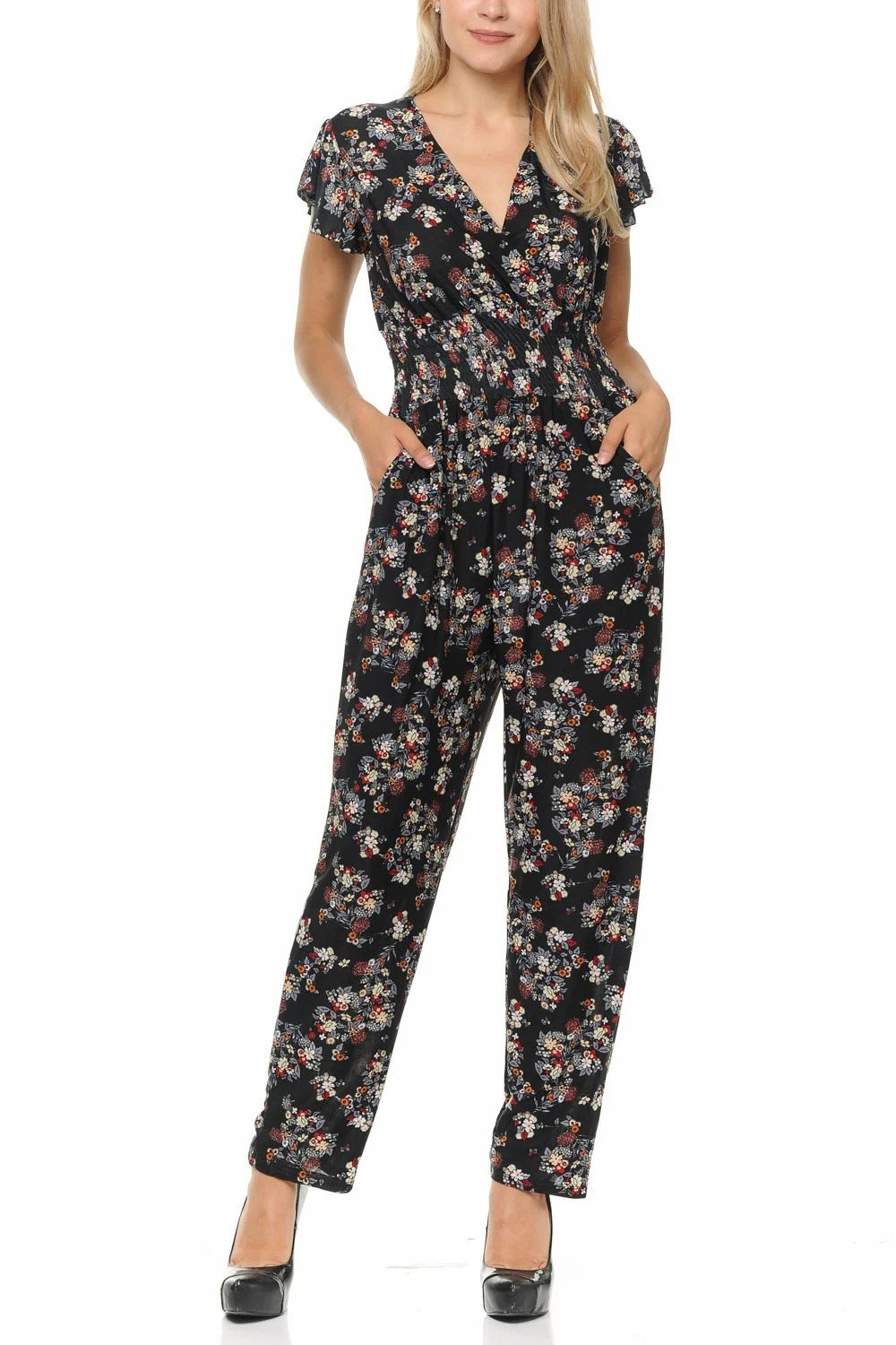 Auliné Collection Womens Short Cap Sleeve V-Neck Long Pants Romper Jumpsuit - Wildflower Floral ... | Walmart (US)