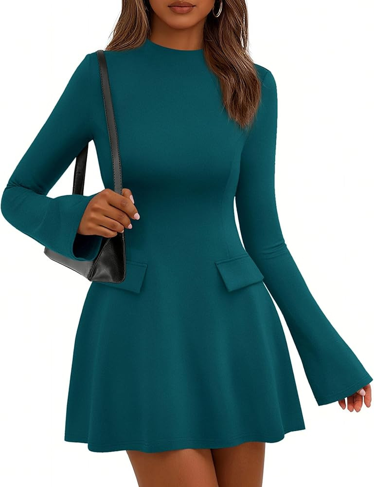 PRETTYGARDEN Women's Fall Mini Dress 2025 Long Bell Sleeve Mock Neck Bodycon Elegant Work Wedding... | Amazon (US)