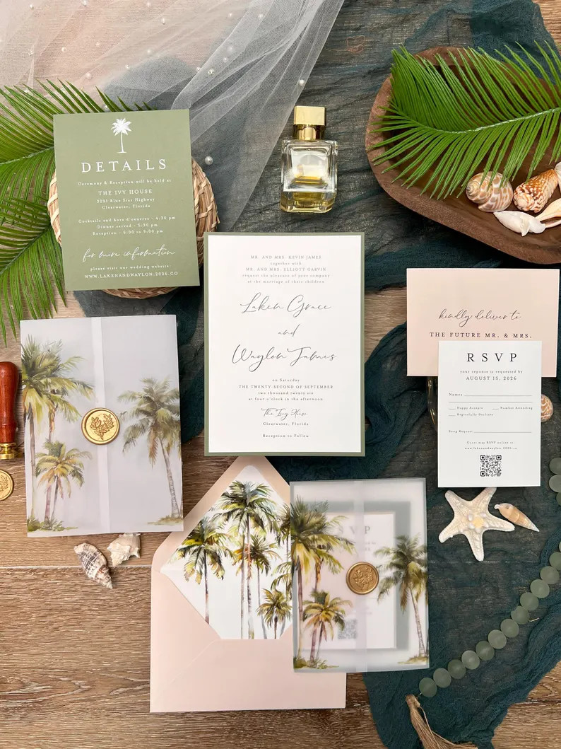 Tropical Palm Wedding Invitation Suite: Green & Blush Oceanside Design | PRINTED SUITE | Beach We... | Etsy (US)