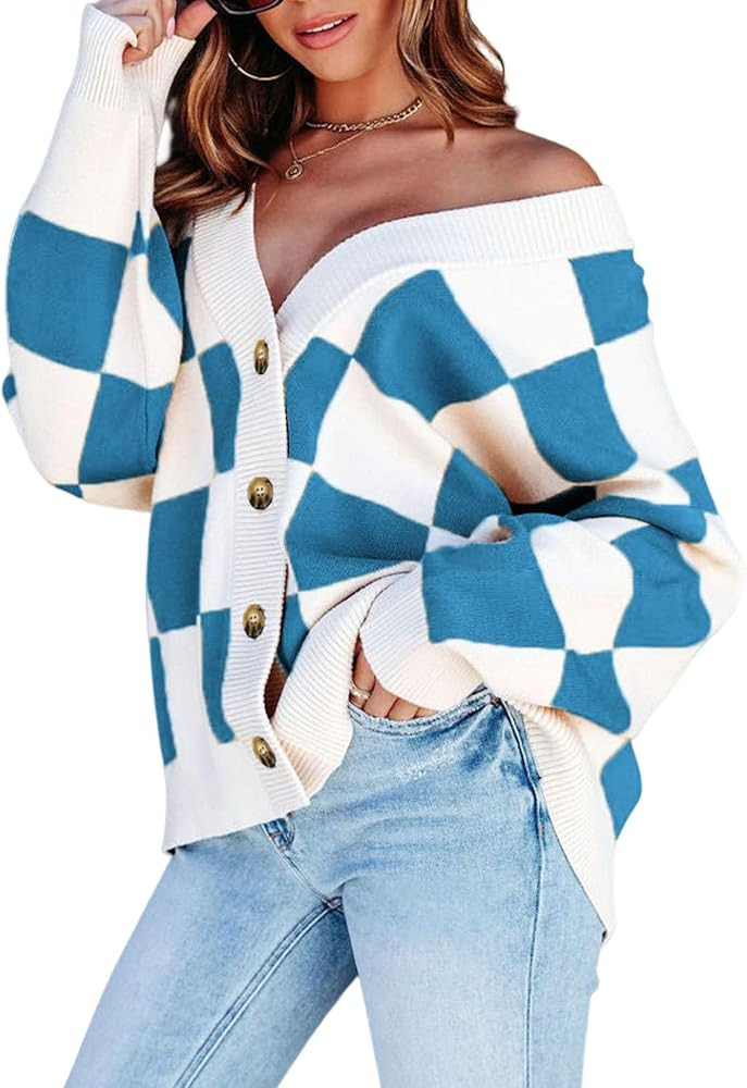 Dokotoo Womens Plaid V Neck Button Down Long Sleeve Cable Knit Oversized Cardigan Sweaters Tops | Amazon (US)