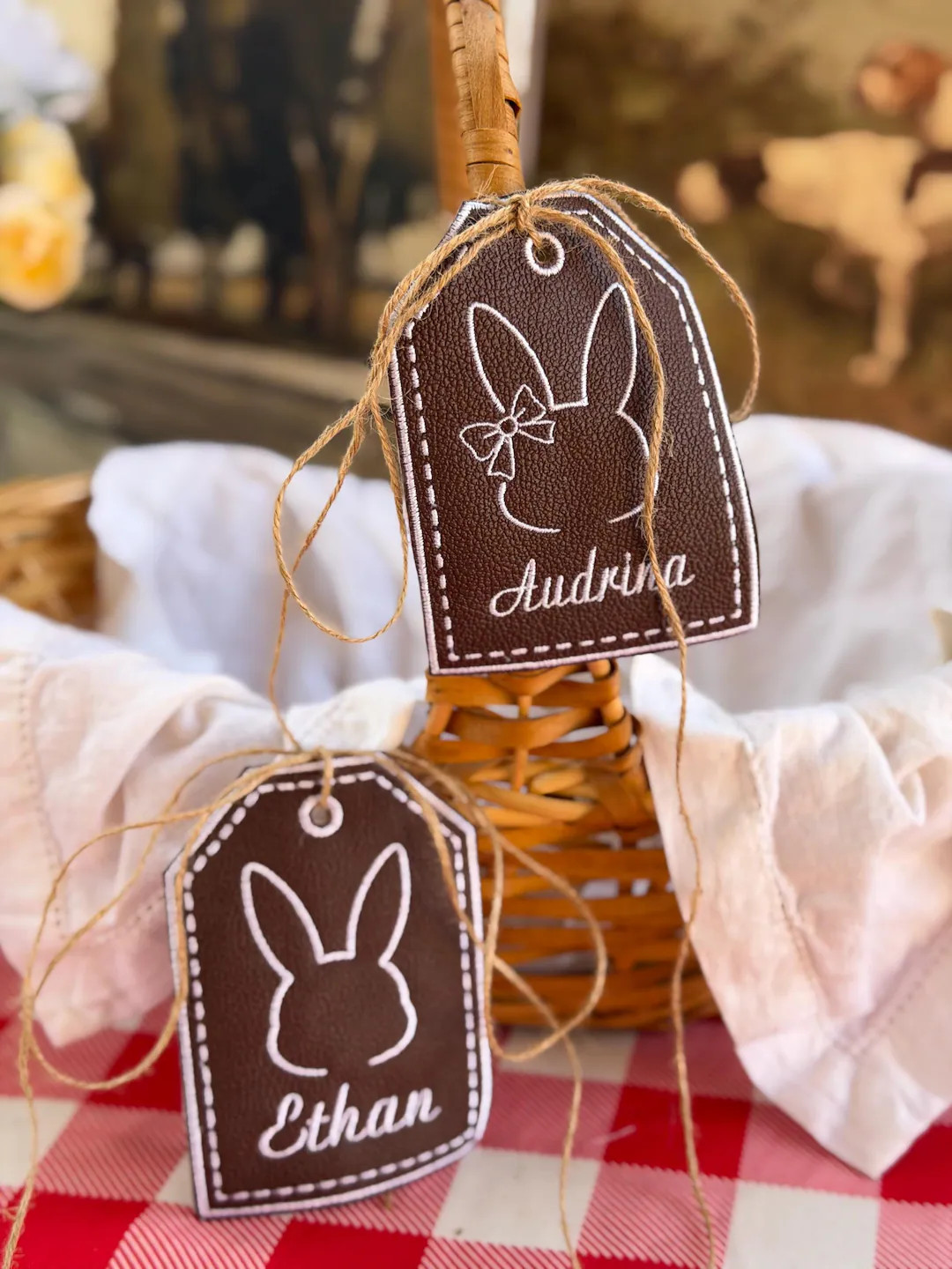 Custom Embroidered Easter Basket Tag, Personalized Faux Leather Bunny Tag - Etsy | Etsy (US)
