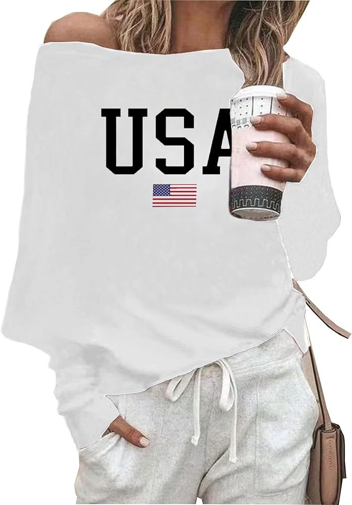 American Flag Shirt for Women Off Shoulder 4th of July T Shirt Long Sleeve USA Patriotic Tshirt I... | Amazon (US)