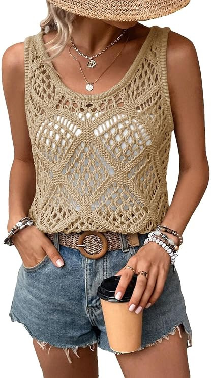 Imily Bela Womens Summer Crochet Tank Tops Knit Sleeveless Sweater Vest | Amazon (US)