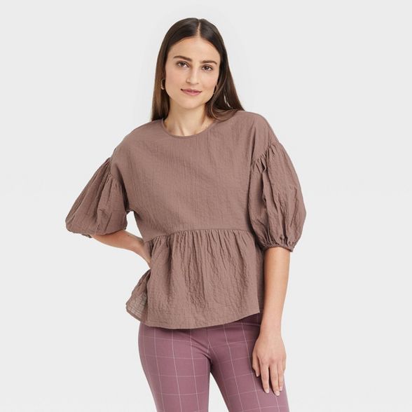 Women&#39;s Puff 3/4 Sleeve Top - A New Day&#8482; Brown M | Target
