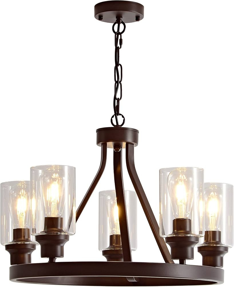 Farmhouse Chandelier Lighting Round 5 Lights Oil Rubbed Bronze with Glass Shade Ceiling Hanging V... | Amazon (US)