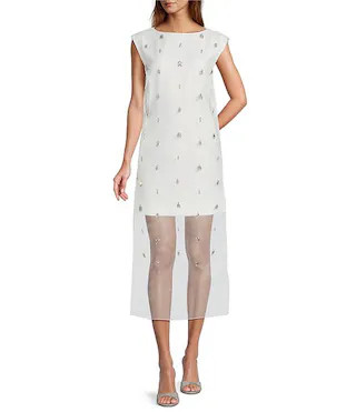 Khole Sheer Jeweled Organza Boat Neck Shift Dress | Dillard's