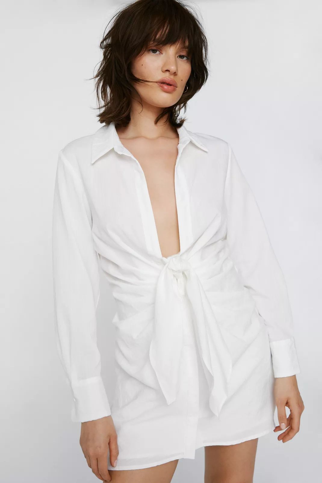 Petite Knot Front V Neck Mini Shirt Dress | NastyGal (UK, IE)