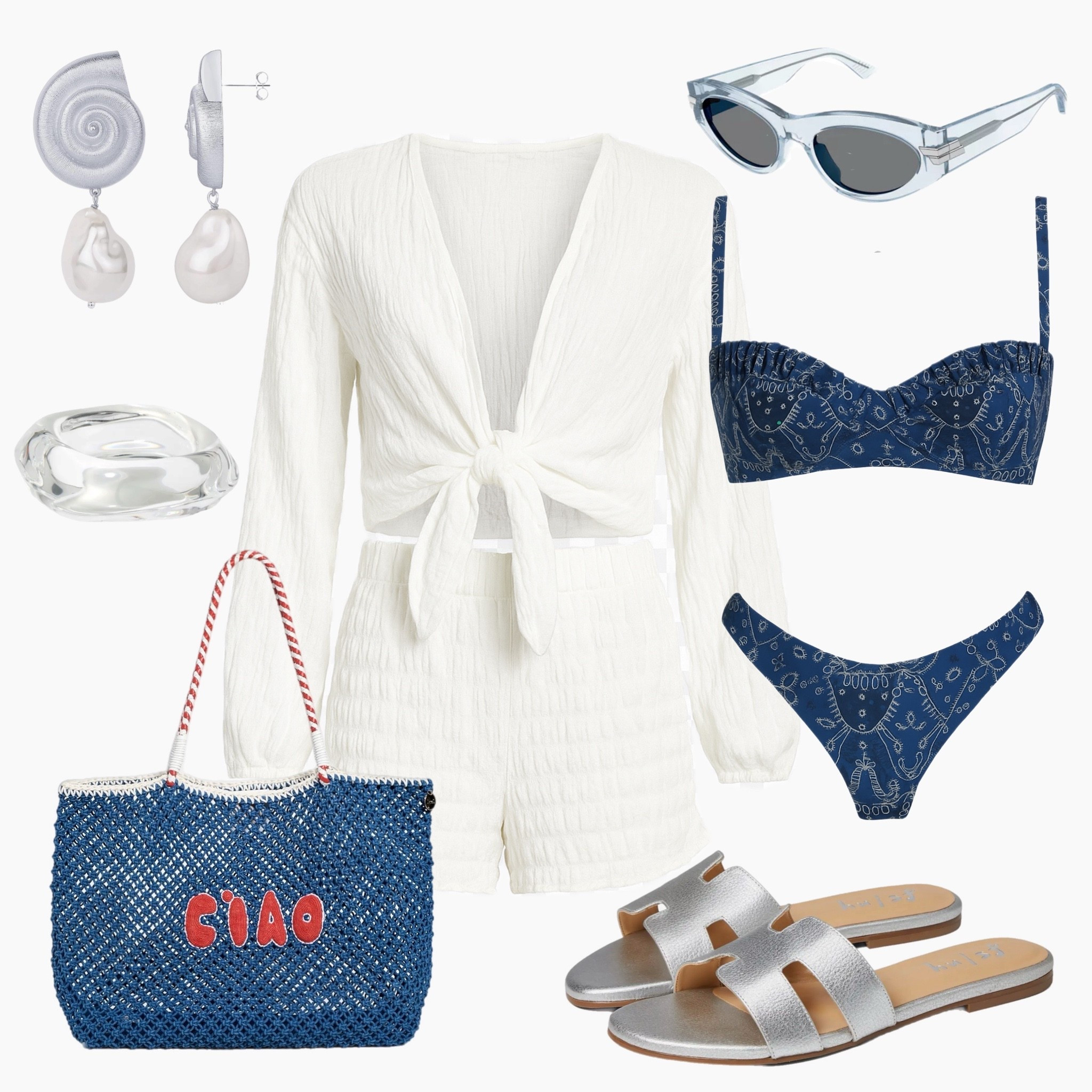 Seaside chic with a patriotic twist 🇺🇸☀️ This breezy white tie-front set layers perfectly over a denim blue bikini for an easy swim-to-stroll moment. Paired with silver slides, shell-inspired earrings, and a “CIAO” beach tote, it’s the ultimate Fourth of July poolside look—playful, coastal, and effortlessly cool.

#BeachDayLook #FourthOfJulyStyle #PoolsideOutfit #WhiteSet #NavyAndWhite #RedWhiteAndCiao #LTKTravelStyle #VacationMood #SwimCoverup #CoastalChic #SummerStyleGuide #ResortWearReady #StyledByMar

#LTKSwim #LTKSwim #LTKSummerEdit #LTKStyleTip