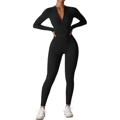 Mizoci Women's Sexy One Piece Jumpsuit Bodycon Long Sleeve V Neck Zipper Full Bodysuit | Amazon (US)