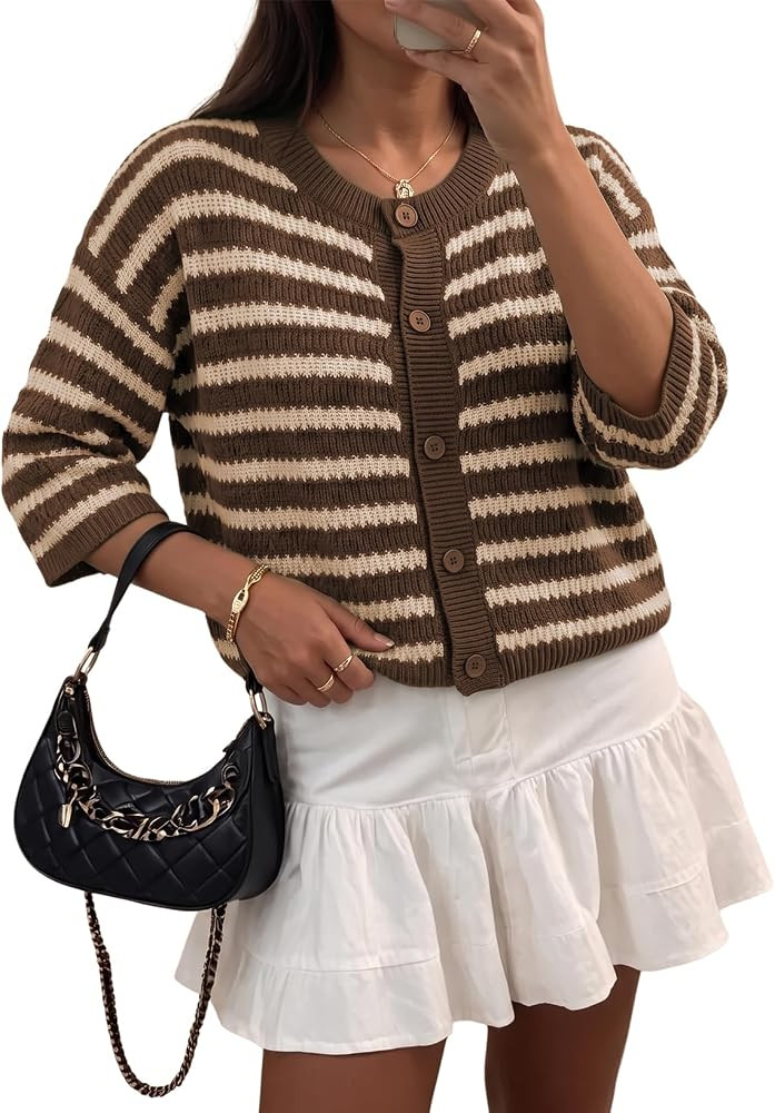 Dokotoo Womens Crew Neck Striped Cardigans Crochet Knit Button Down Sweater | Amazon (US)