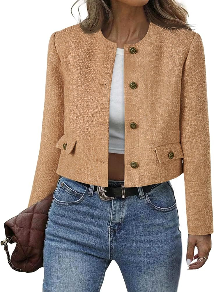 Cicy Bell Womens Cropped Tweed Blazer Collarless Button Down Bomber Jacket Business Casual Fall O... | Amazon (US)