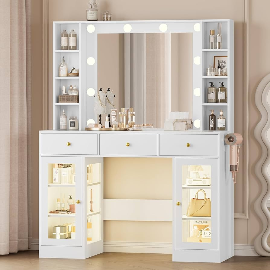Makeup Vanity Desk with Mirror and Lights, White Vanity with Glass Top, LED Lights & Power Outlet... | Amazon (US)