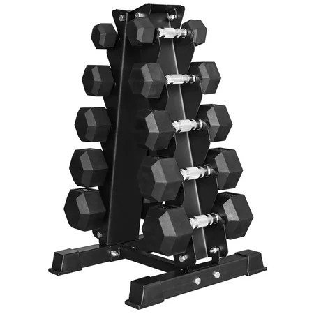 BalanceFrom 150LB Coated Hex Dumbbell Weight Set and A-Frame Storage Rack, 5-25 lbs Pairs | Walmart (US)