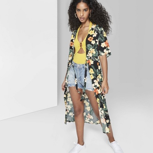 Women's Floral Print Waist Tie Duster Kimono Jacket - Wild Fable™ Black | Target